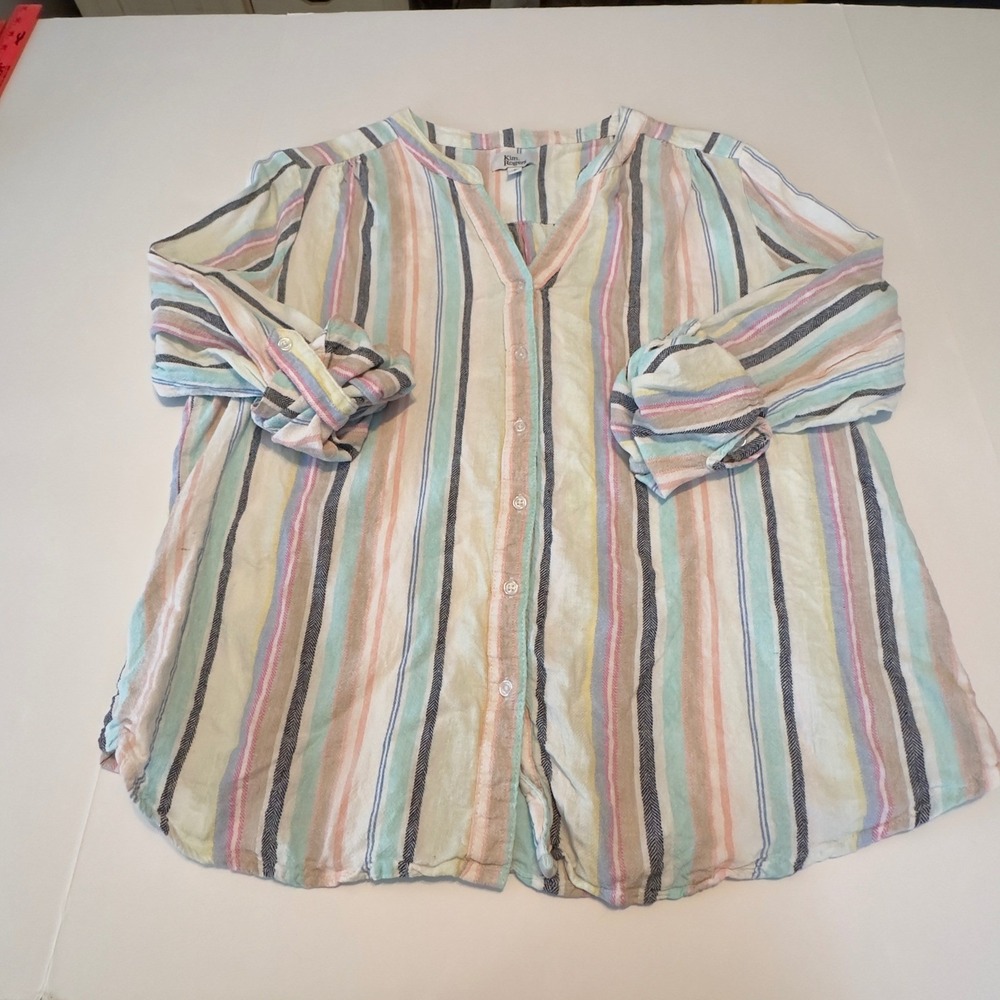 Kim Rogers Womens Pastel Striped Linen Blend Roll Tab Button Up‎ Shirt Large